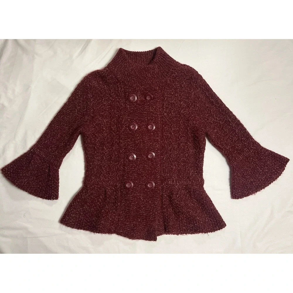 Caslon Alpaca Chunky Knit Peplum Sweater Womens 5 Bell Sleeve Mock Neck Burgundy - Picture 2 of 16